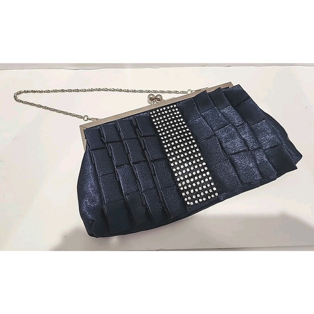 Evening Bag Navy Blue Satin Ruffle Rhinestone Band Silver Color Clasp & 2 Chains